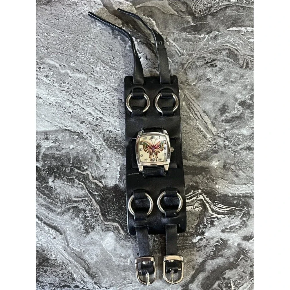 Tattoo Parlor 2006 Butterfly Cuff Watch Black Leather Y2K